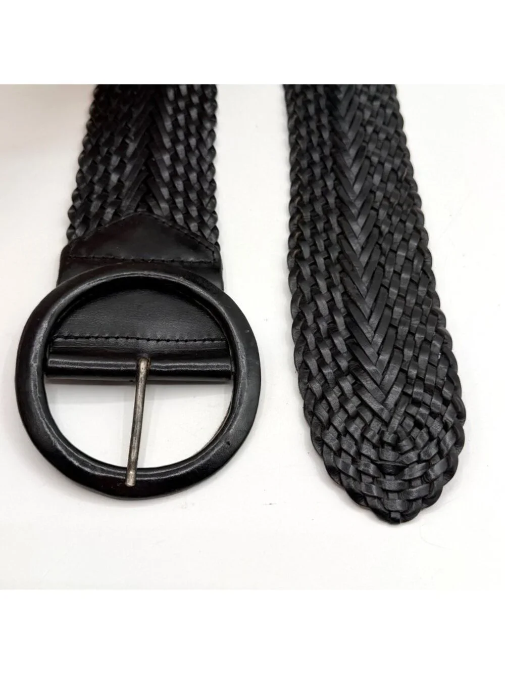 Black Braided Genuine Leather Wide Belt Round Buckle Size Medium